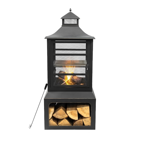 Deko Living 26 Inch Square Outdoor Steel Wood Burning Fireplace w/ Cooking Grill, Log Storage COB10507 - main